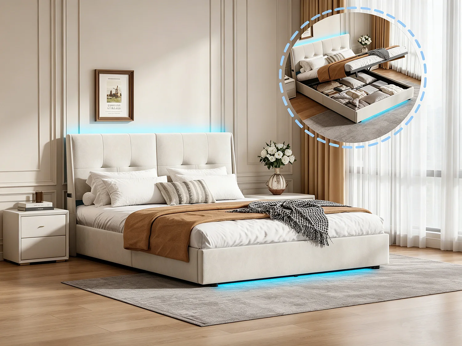 Cama con canapé de 160x200cm con iluminación LED y espacio de almacenamiento hidráulico - bolsillos laterales en el cabecero - beige