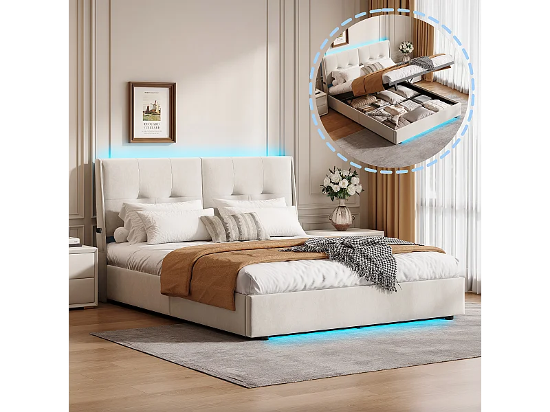 Lit coffre 160x200cm avec éclairage LED et espace de rangement hydraulique - poches latérales dans la tête de lit - beige