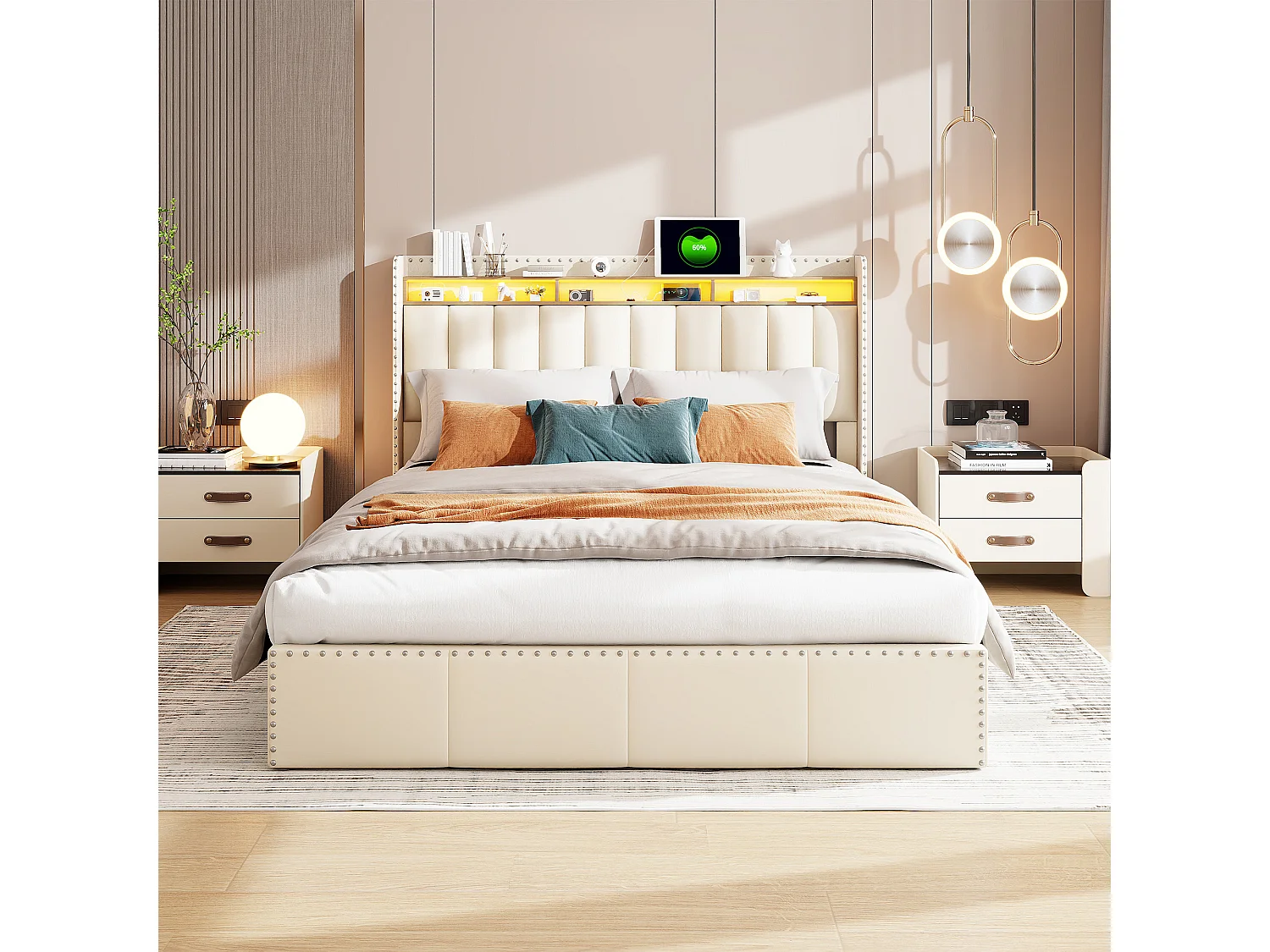 Cama canapé de 140x200 cm con iluminación LED y puerto USB - compartimento hidráulico y somier de láminas - terciopelo - beige