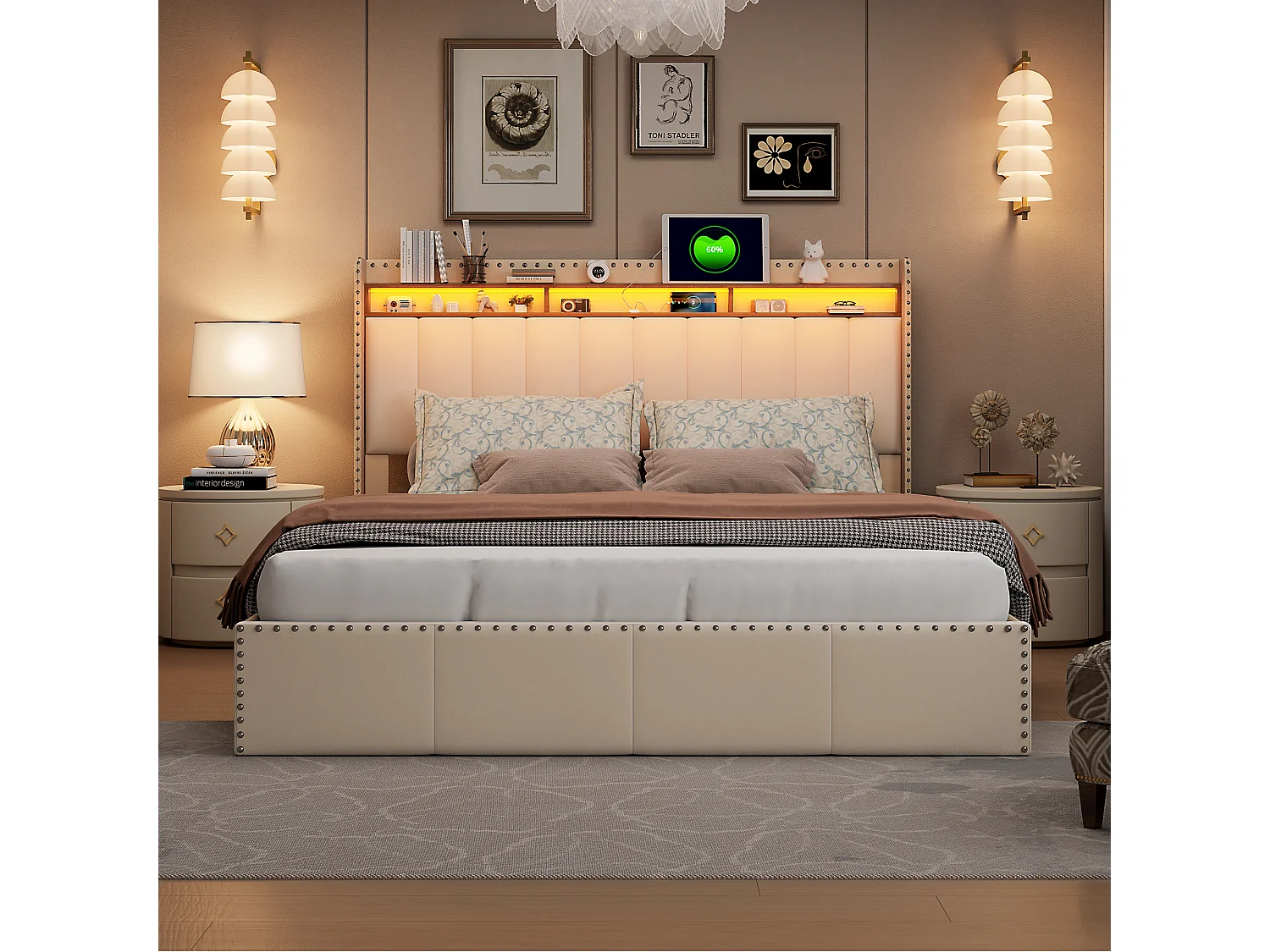 Cama canapé de 140x200 cm con iluminación LED y puerto USB - compartimento hidráulico y somier de láminas - terciopelo - beige