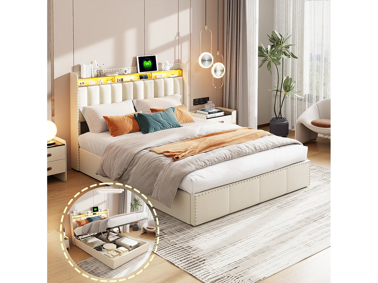 Cama canapé de 140x200 cm con iluminación LED y puerto USB - compartimento hidráulico y somier de láminas - terciopelo - beige