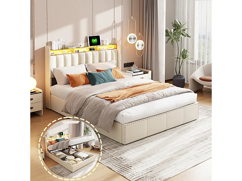 Cama canapé de 140x200 cm con iluminación LED y puerto USB - compartimento hidráulico y somier de láminas - terciopelo - beige
