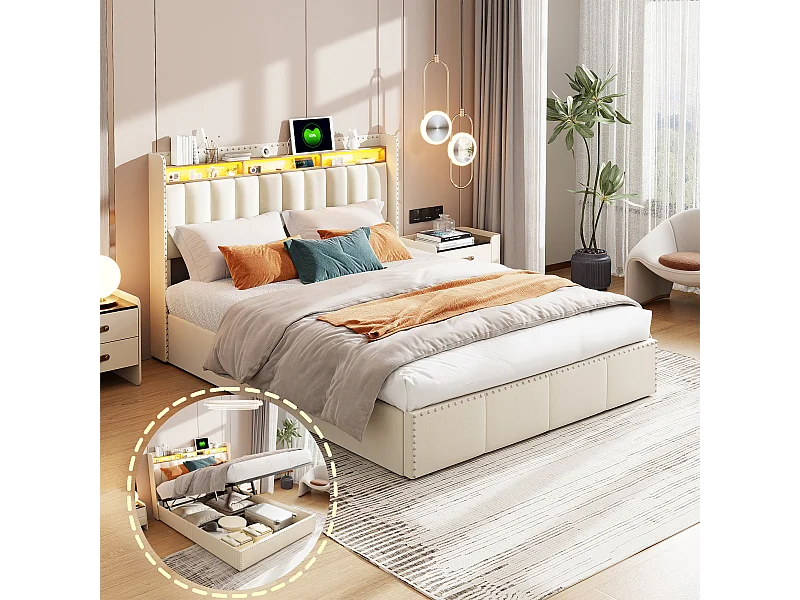 Lit coffre 140x200 cm avec éclairage LED et port USB - compartiment de rangement hydraulique et sommier à lattes - velours - beige