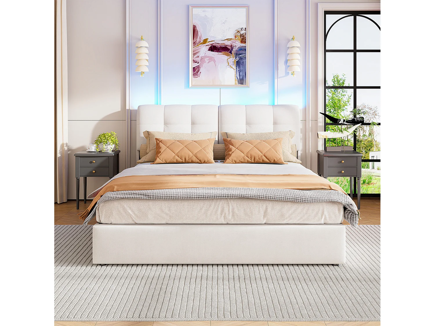 Volwassenenbed 160x200cm met LED-verlichting - Tweepersoonsbed met hoofdeinde en hydraulische opbergruimte in de bedbodem - Wit