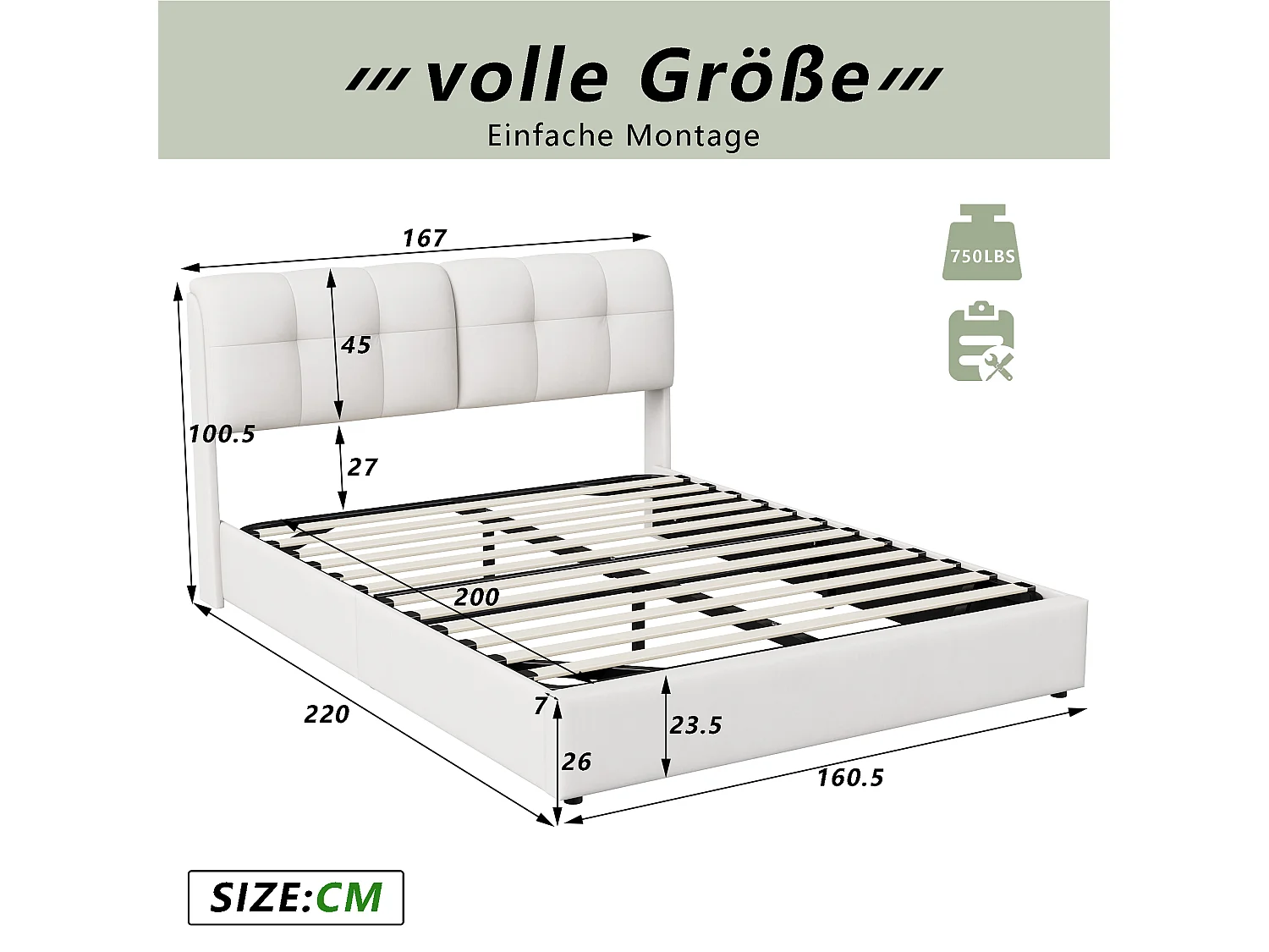 Volwassenenbed 160x200cm met LED-verlichting - Tweepersoonsbed met hoofdeinde en hydraulische opbergruimte in de bedbodem - Wit