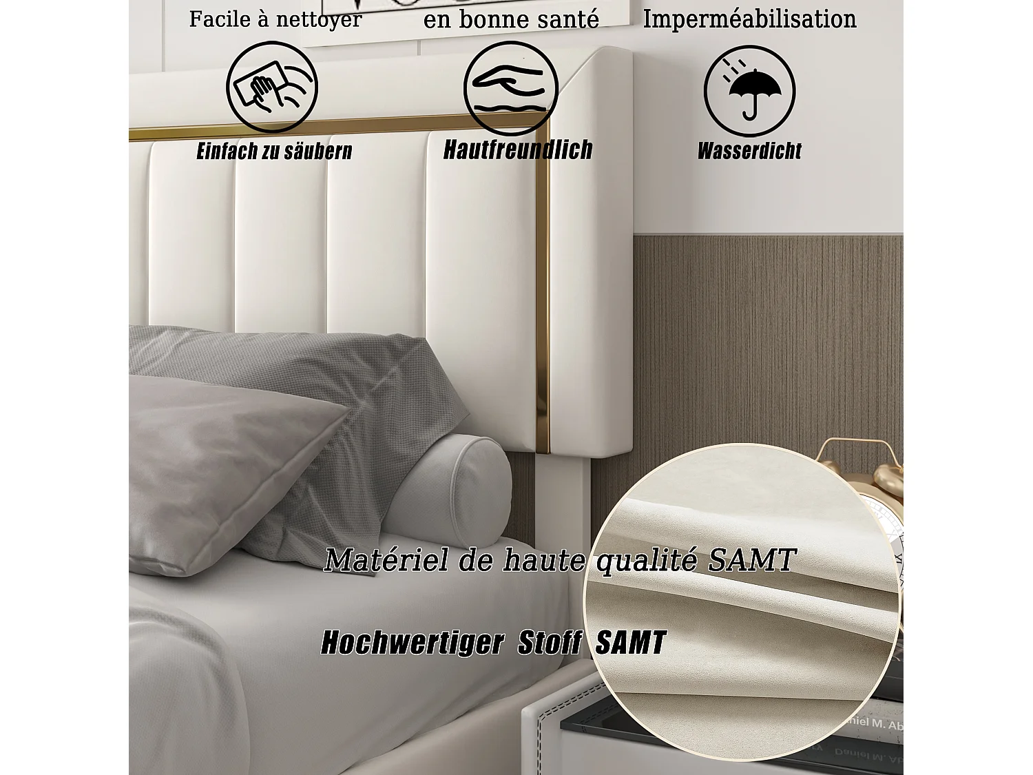 Lit rembourré 140 x 190 cm - lit double avec coffre hydraulique et sommier à lattes - velours - beige