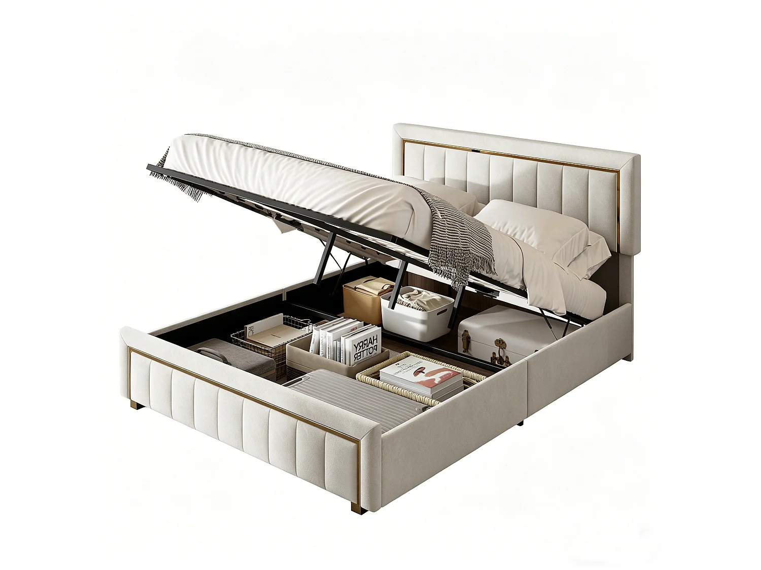 Gestoffeerd bed 140 x 190 cm – tweepersoonsbed met hydraulische opbergruimte en lattenbodem – fluweel – beige