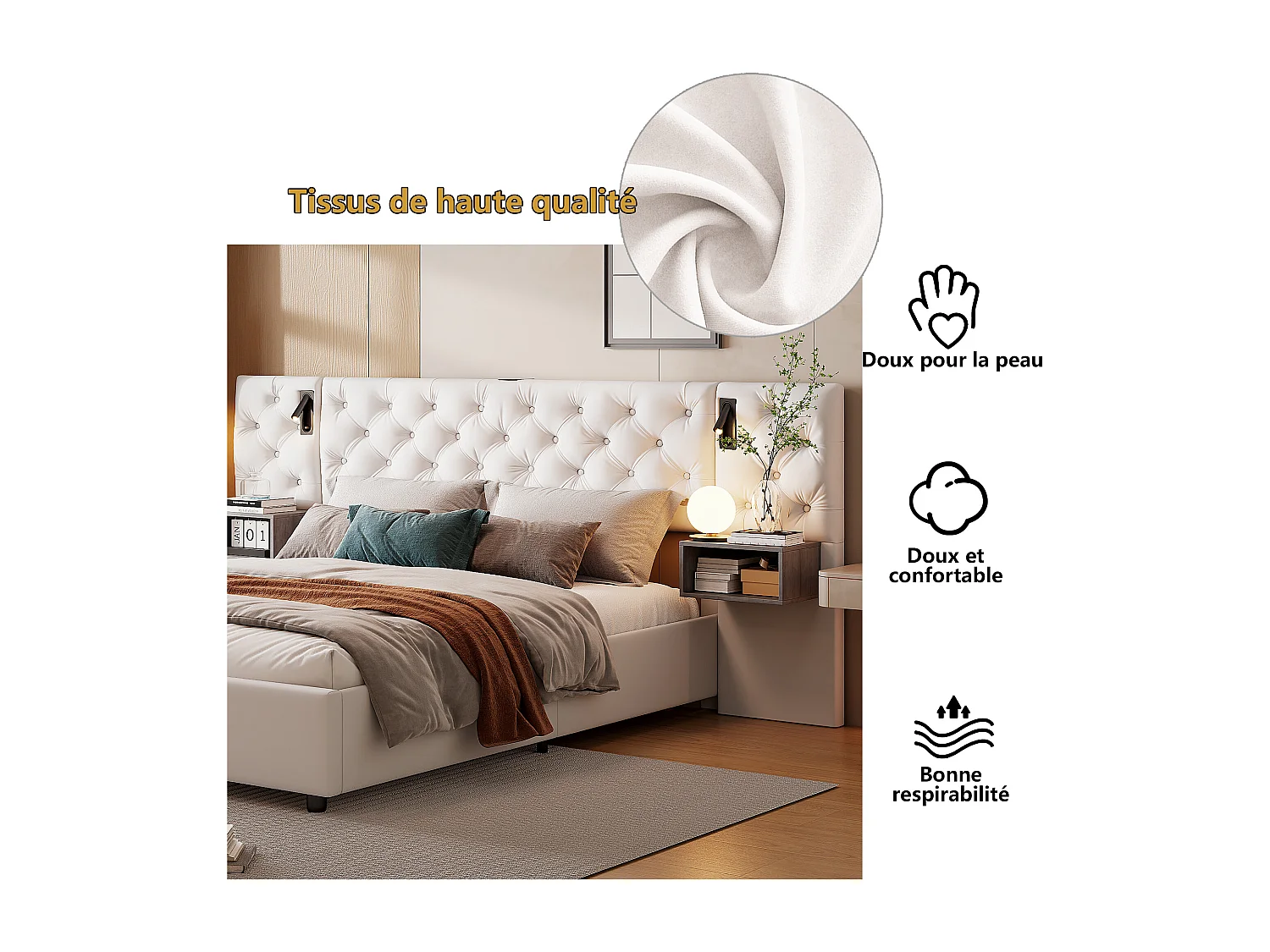 Cama doble 160x200cm con 2 lámparas de lectura y puerto USB - canapé hidráulico - cabecero con 2 mesitas de noche - terciopelo - beige
