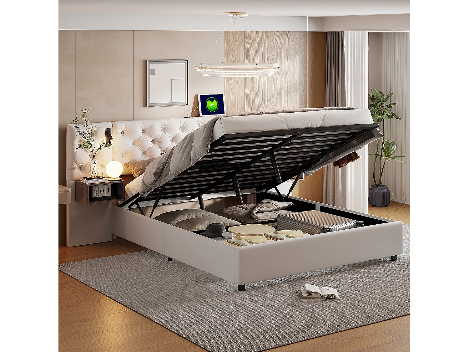 Cama de casal 160 x 200 cm com 2 luzes de leitura e porta USB – cama com arrumação hidráulica – cabeceira com 2 mesas de cabeceira – veludo – bege