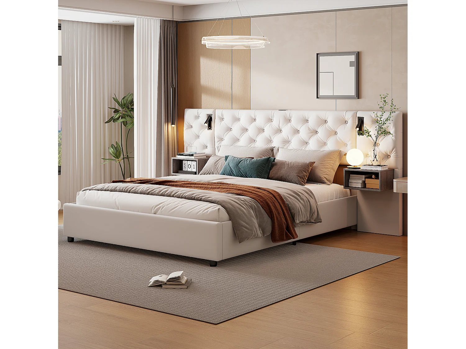 Cama de casal 160 x 200 cm com 2 luzes de leitura e porta USB – cama com arrumação hidráulica – cabeceira com 2 mesas de cabeceira – veludo – bege