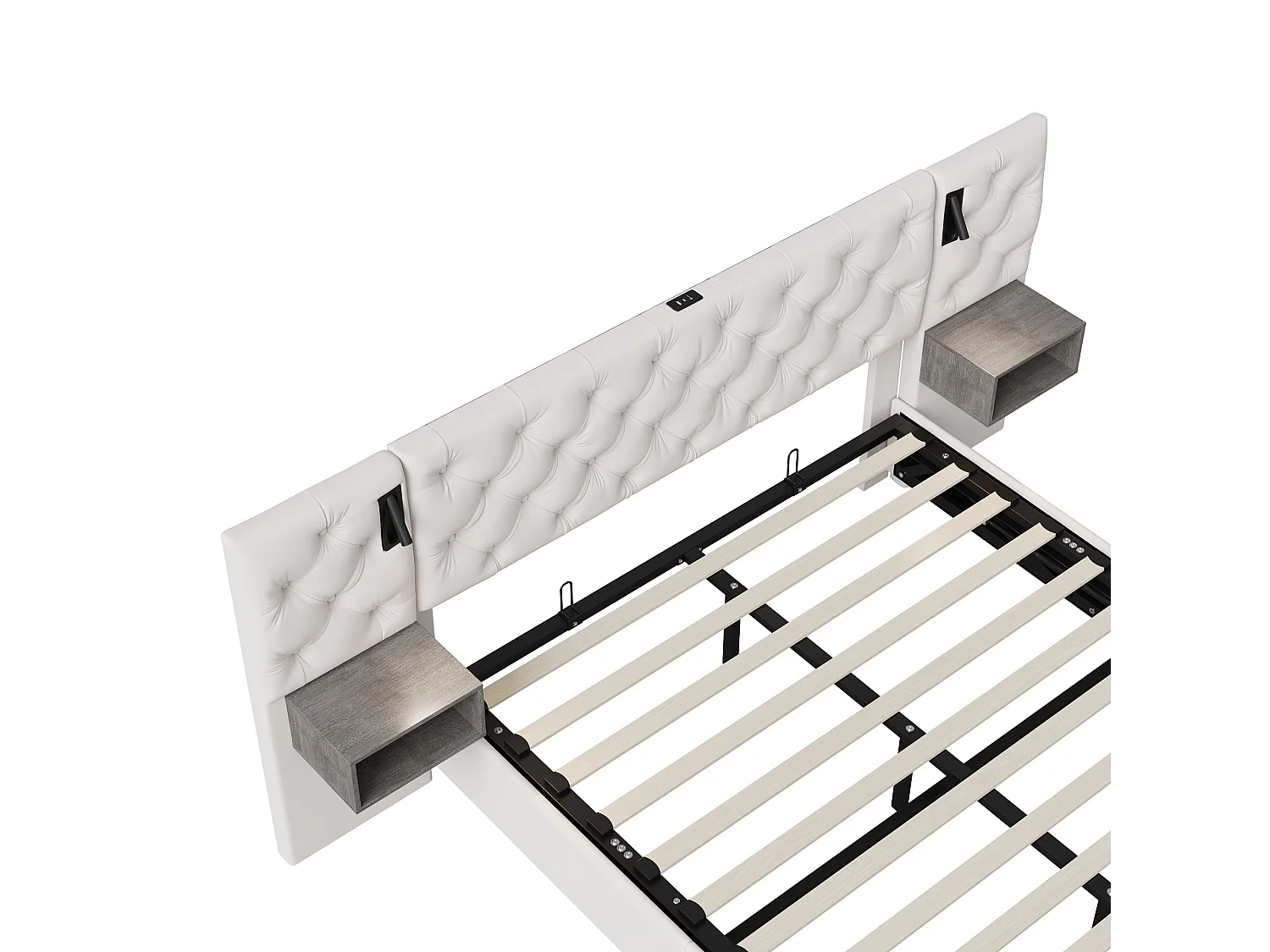Cama de casal 160 x 200 cm com 2 luzes de leitura e porta USB – cama com arrumação hidráulica – cabeceira com 2 mesas de cabeceira – veludo – bege