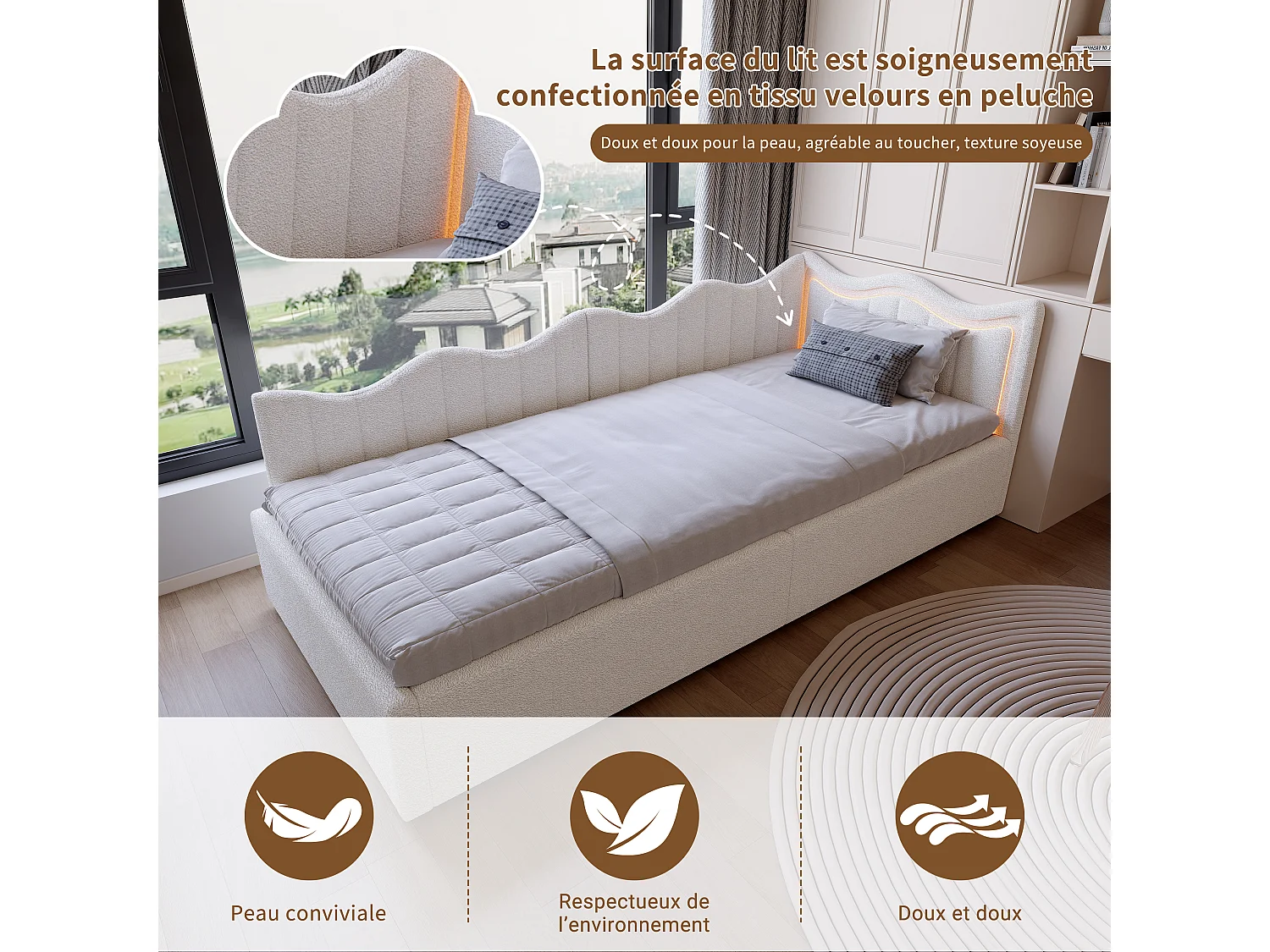 Lit simple enfant 90x200cm - avec éclairage LED et espace de rangement hydraulique - velours - blanc