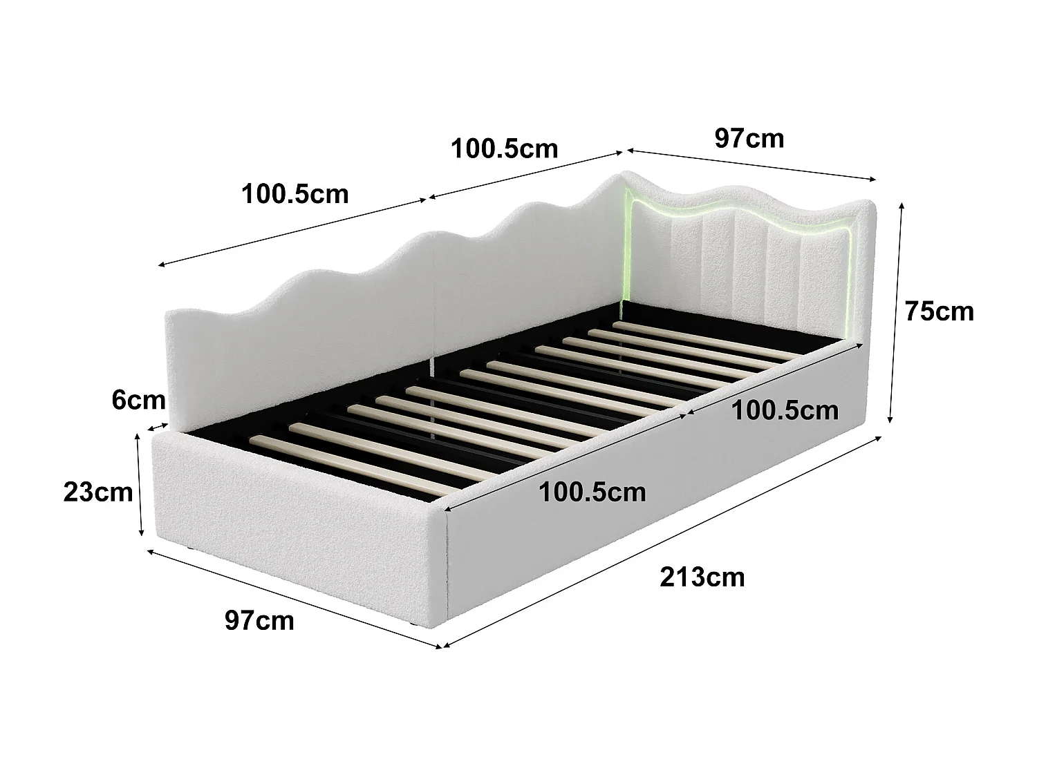 Lit simple enfant 90x200cm - avec éclairage LED et espace de rangement hydraulique - velours - blanc