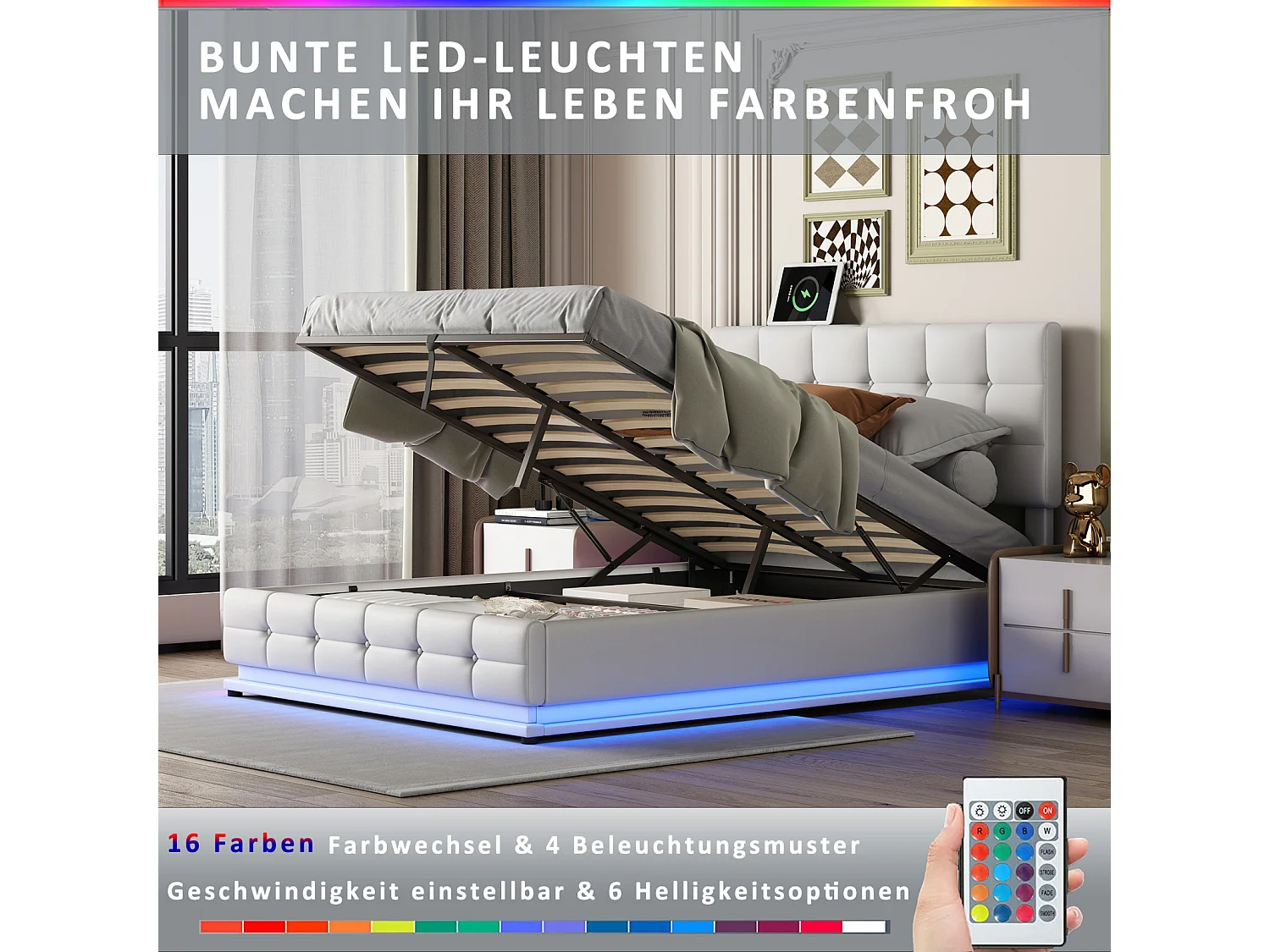 Lit double 140x200 cm avec éclairage LED - tête de lit réglable en hauteur - espace de rangement hydraulique et sommier à lattes - PU - blanc