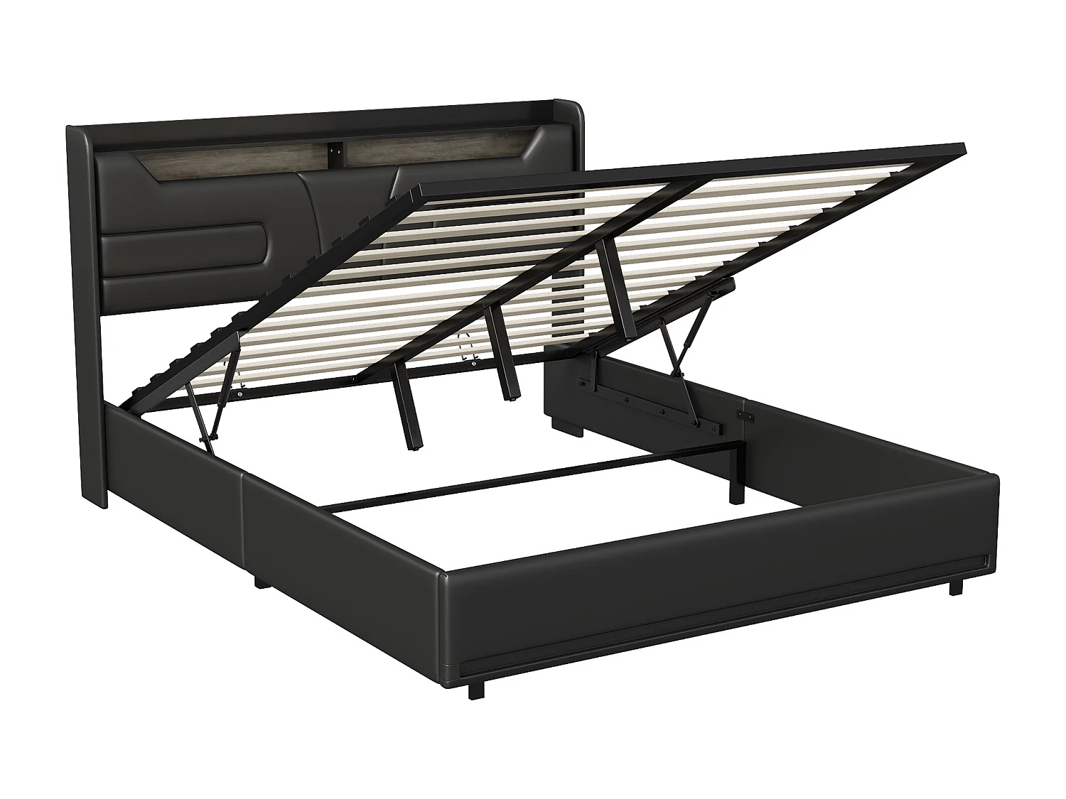 Lit double 160x200cm, tête de lit avec bande LED et fonction de chargement, lit avec vérin à gaz et fonction de rangement, PU, noir