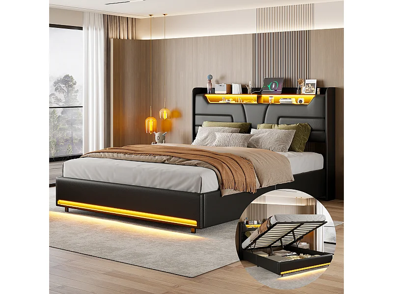Lit double 160x200cm, tête de lit avec bande LED et fonction de chargement, lit avec vérin à gaz et fonction de rangement, PU, noir