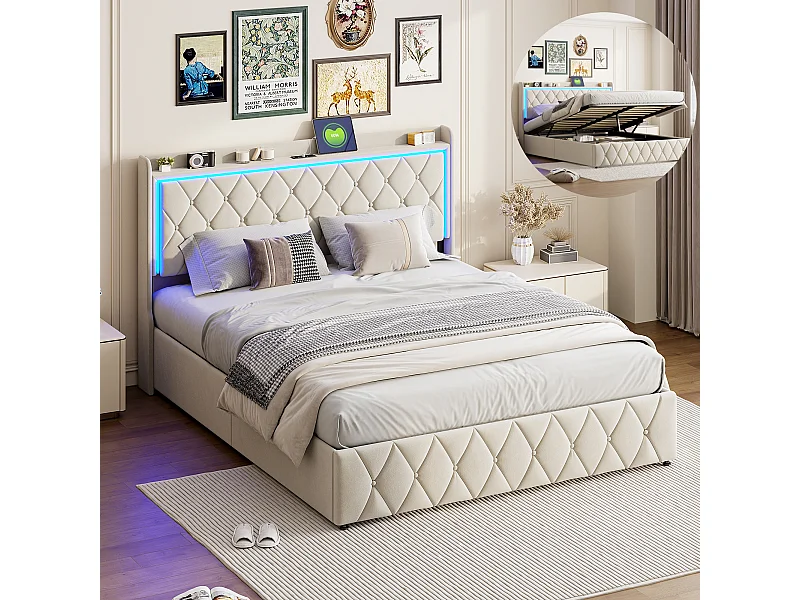 Cama doble 160x200cm con almacenaje hidráulico - cabecero con LED y puertos USB - terciopelo - beige