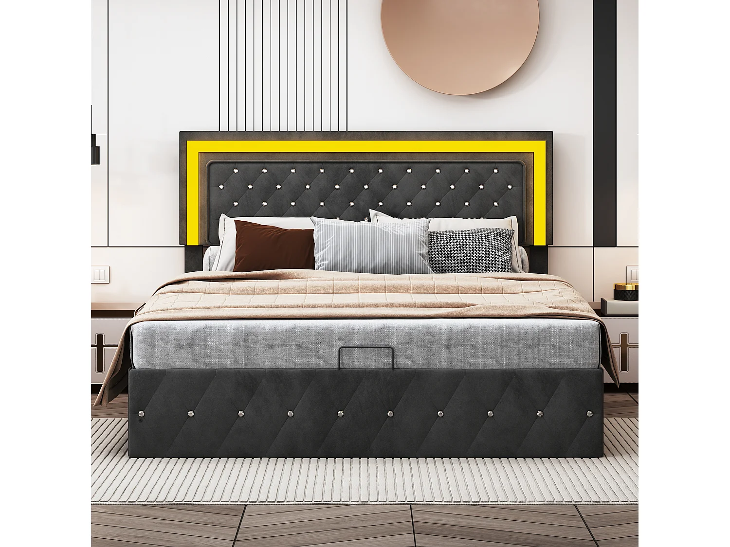 Lit double 160x200cm avec éclairage LED - tête de lit réglable en hauteur - espace de rangement hydraulique - velours - noir