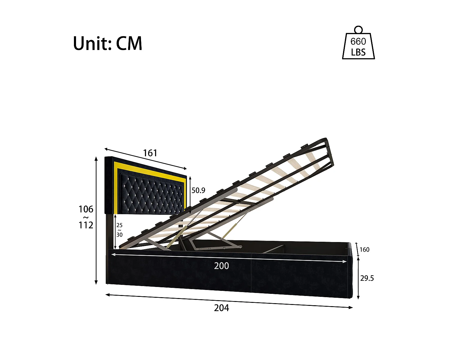 Lit double 160x200cm avec éclairage LED - tête de lit réglable en hauteur - espace de rangement hydraulique - velours - noir