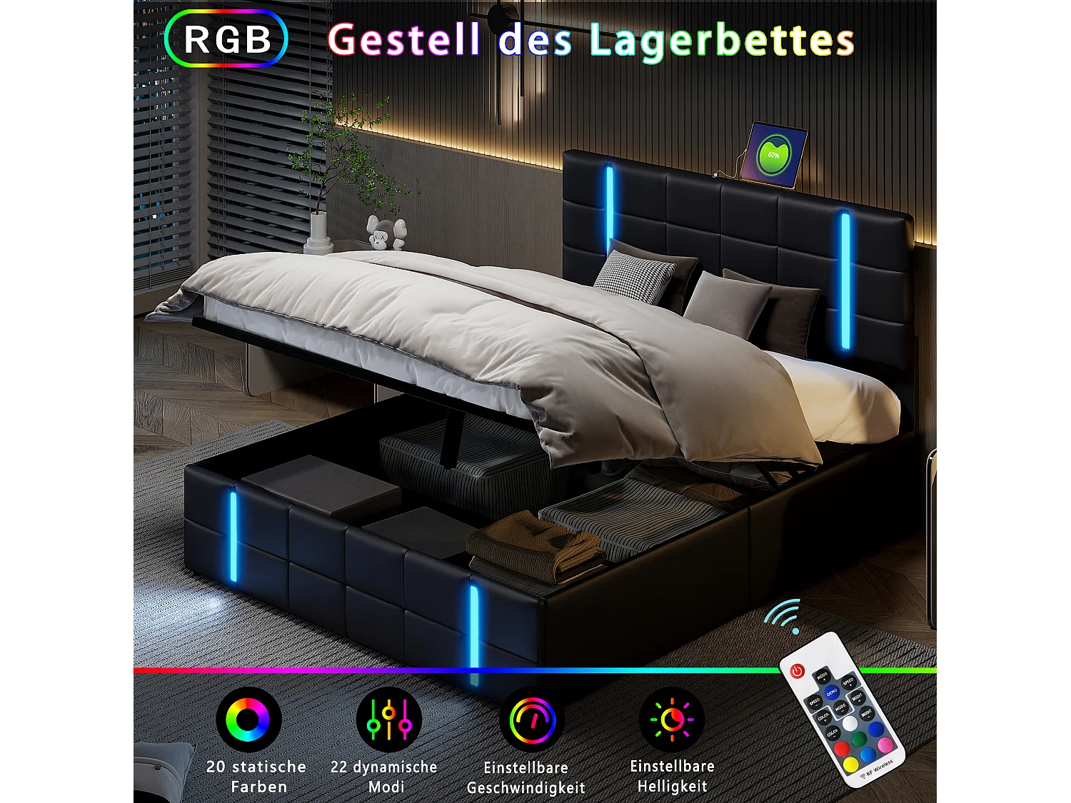Lit coffre 140 x 200 cm avec éclairage LED et 2 ports USB - compartiment de rangement hydraulique - PU - Noir