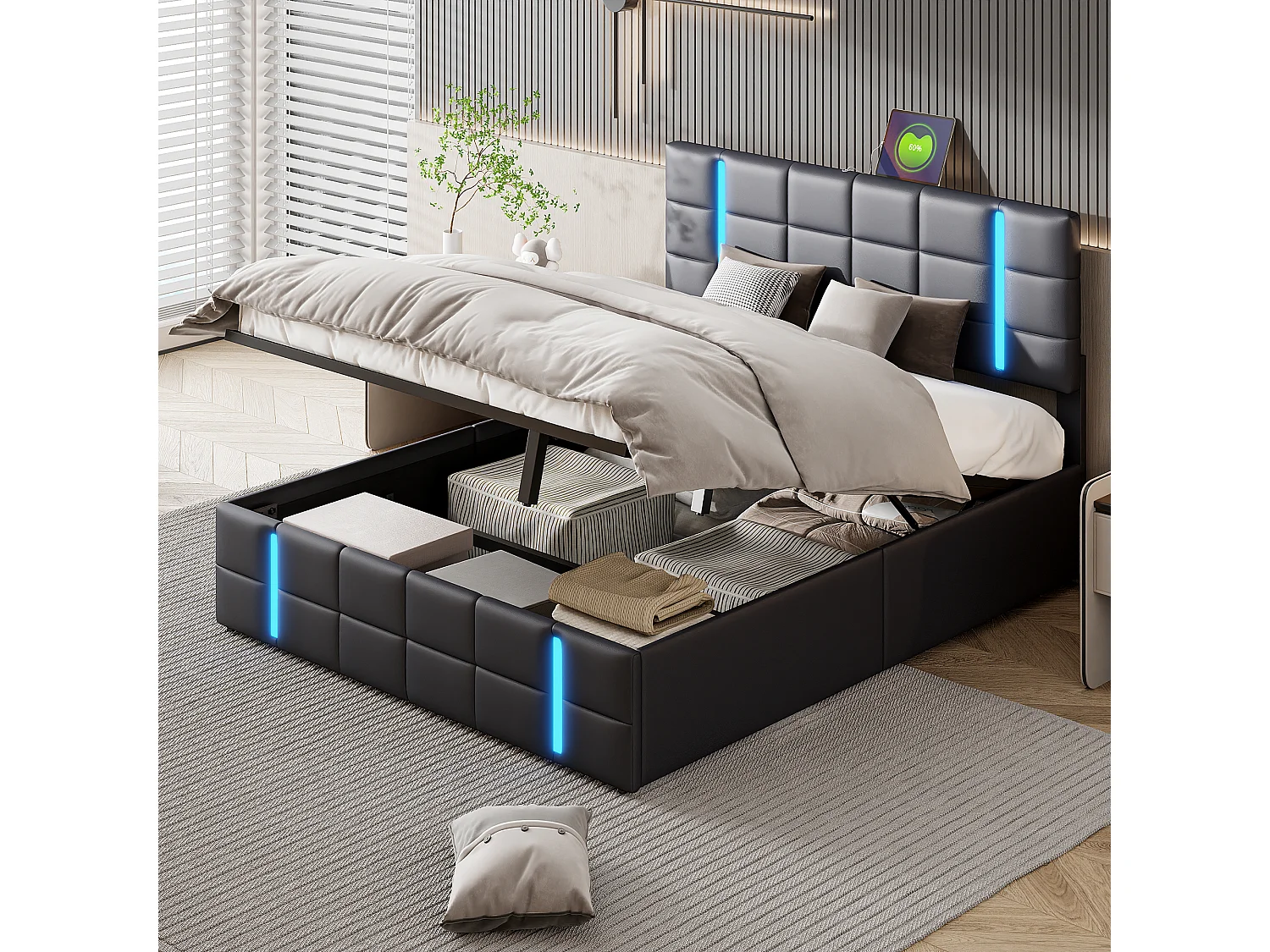 Lit coffre 140 x 200 cm avec éclairage LED et 2 ports USB - compartiment de rangement hydraulique - PU - Noir