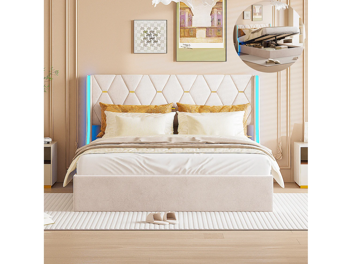 Lit 140 x 190 cm-lit double avec sommier à lattes-rangements-vérin à gaz et bandes LED de chaque côté de la tête de lit-velours-beige