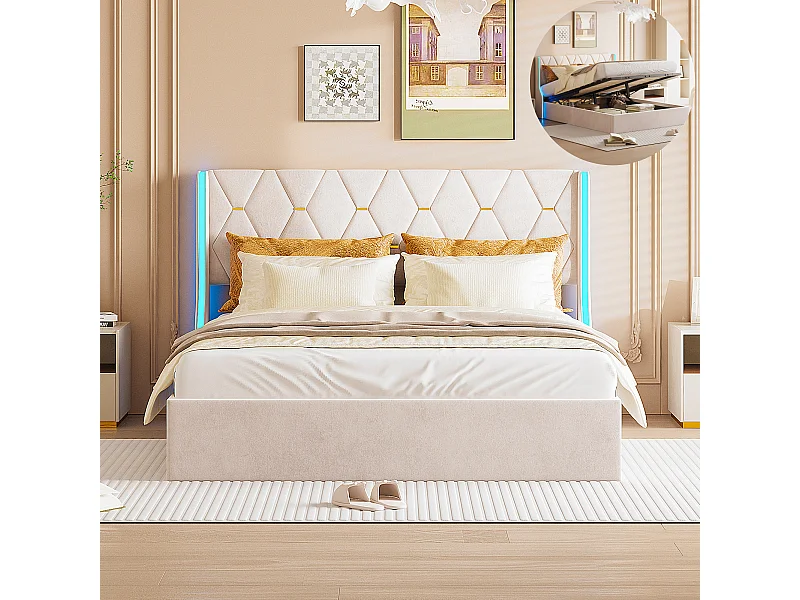Lit 140 x 190 cm-lit double avec sommier à lattes-rangements-vérin à gaz et bandes LED de chaque côté de la tête de lit-velours-beige