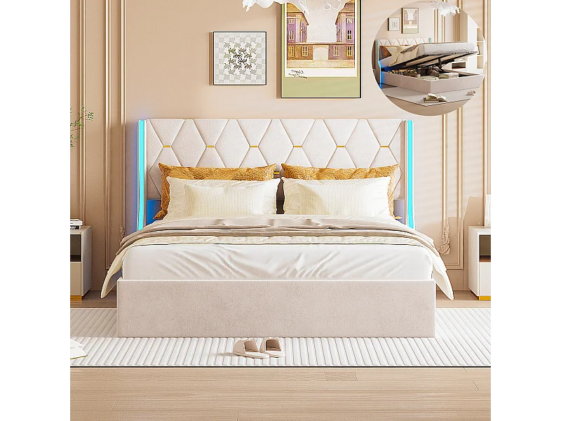 Lit 140 x 190 cm-lit double avec sommier à lattes-rangements-vérin à gaz et bandes LED de chaque côté de la tête de lit-velours-beige