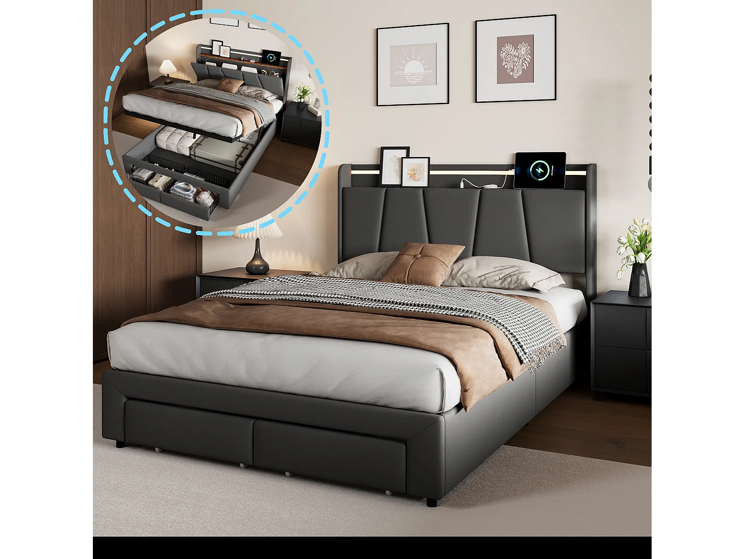 Lit double 140x200cm avec éclairage LED et ports USB - compartiment de rangement hydraulique et 2 tiroirs - lin - gris