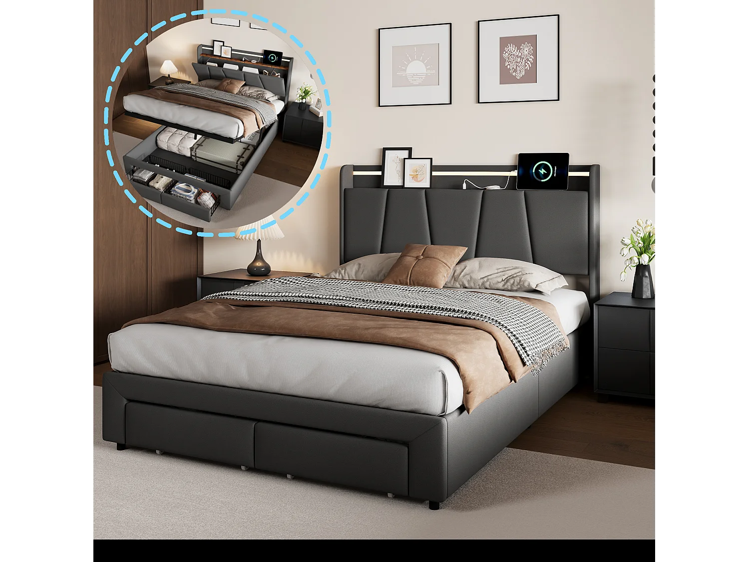 Cama doble 140x200cm con iluminación LED y puertos USB - compartimento hidráulico y 2 cajones - lino - gris