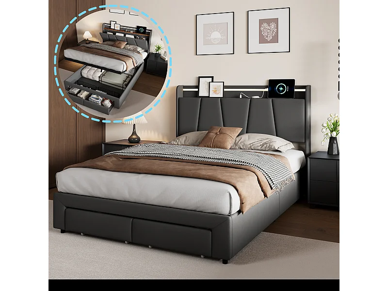 Lit double 140x200cm avec éclairage LED et ports USB - compartiment de rangement hydraulique et 2 tiroirs - lin - gris