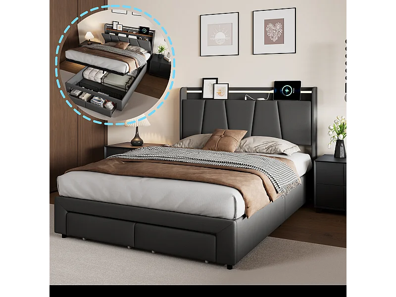 Lit double 140x200cm avec éclairage LED et ports USB - compartiment de rangement hydraulique et 2 tiroirs - lin - gris