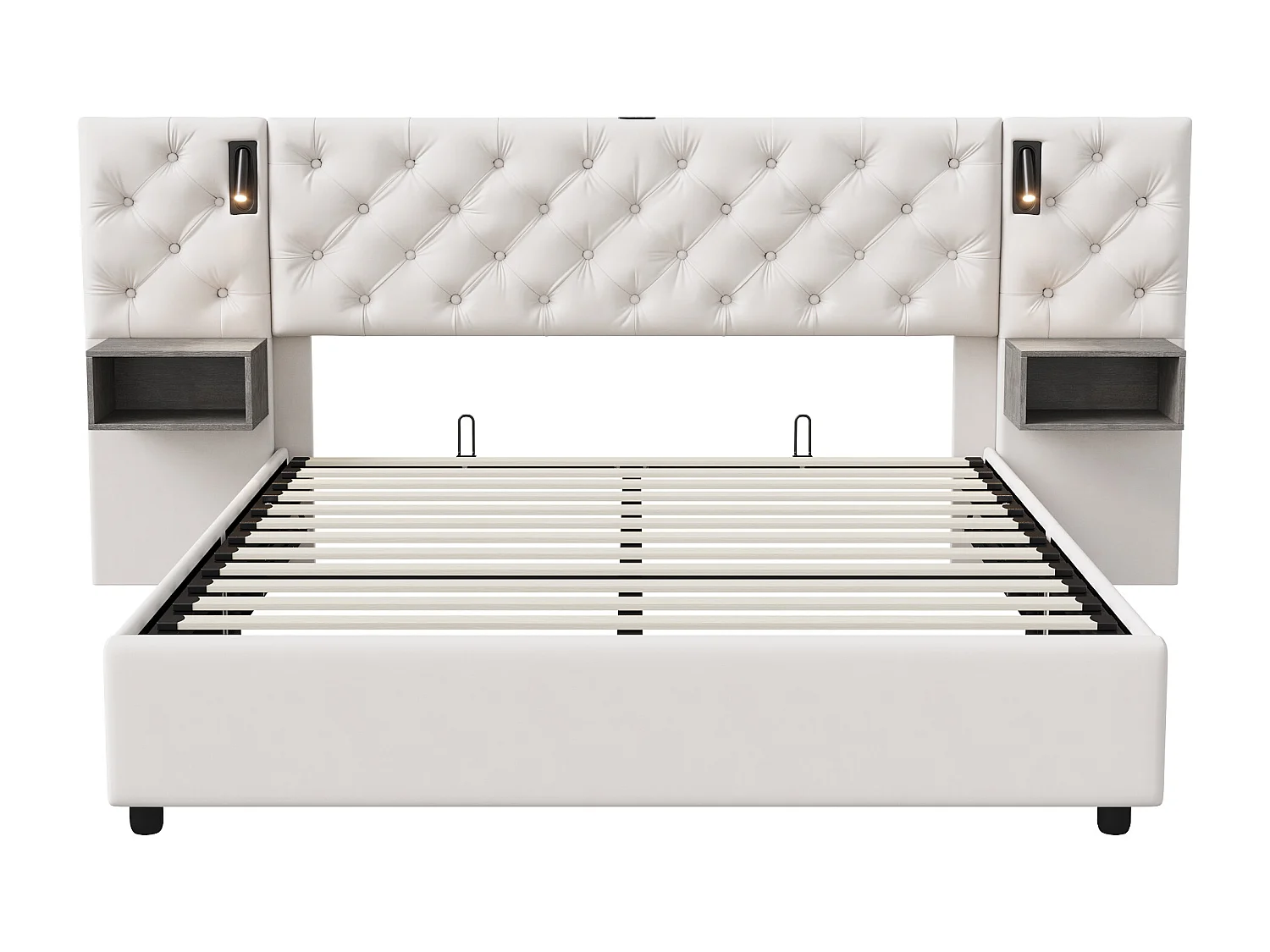 Cama doble 140x200cm con 2 lámparas de lectura y puerto USB - canapé hidráulico - cabecero con 2 mesitas de noche - terciopelo - beige