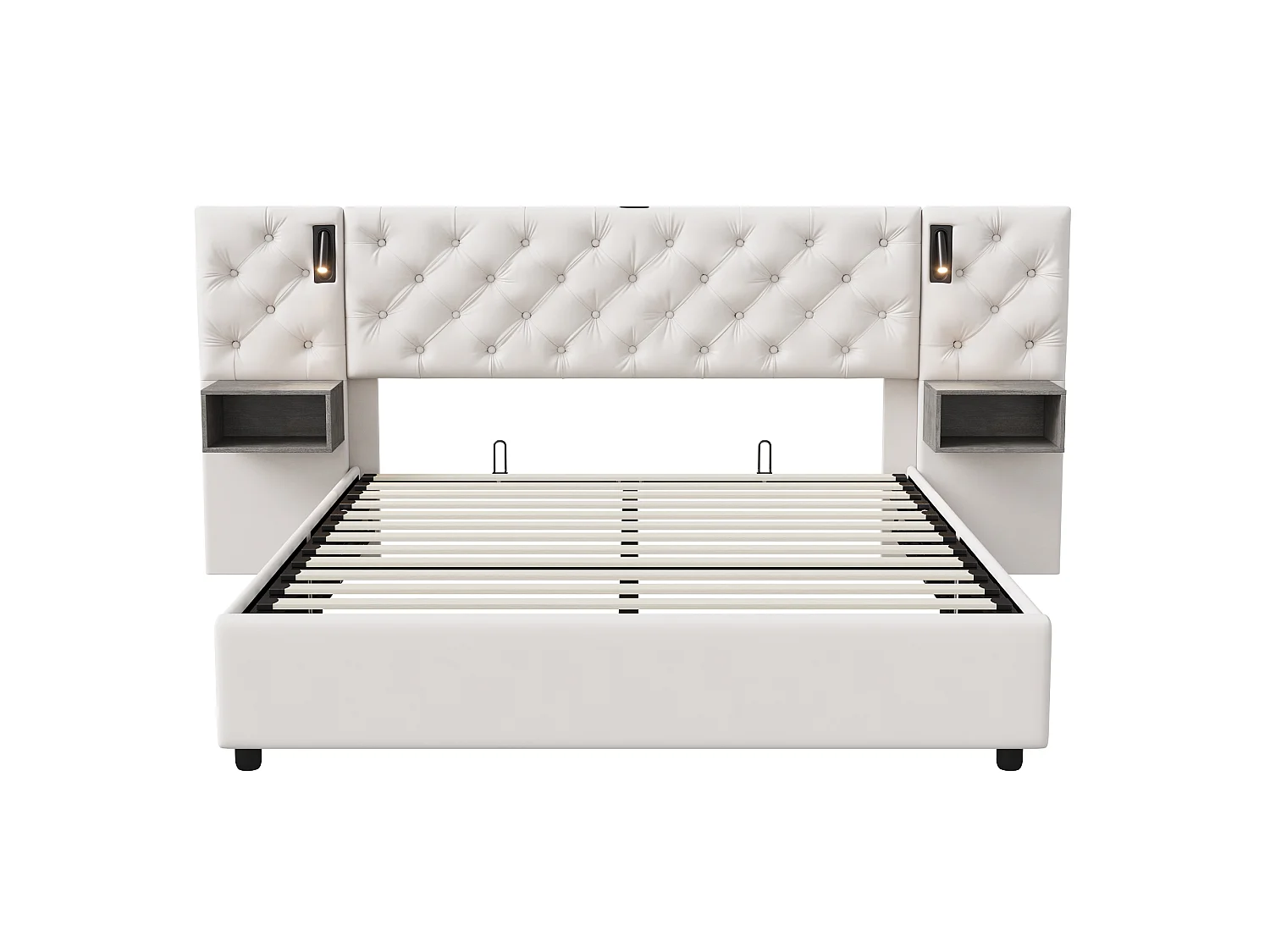 Lit double 140x200cm avec 2 lampes de lecture et port USB - lit coffre hydraulique - tête de lit avec 2 tables de chevet - velours - beige