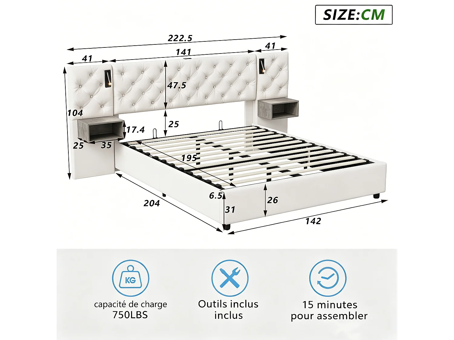Lit double 140x200cm avec 2 lampes de lecture et port USB - lit coffre hydraulique - tête de lit avec 2 tables de chevet - velours - beige
