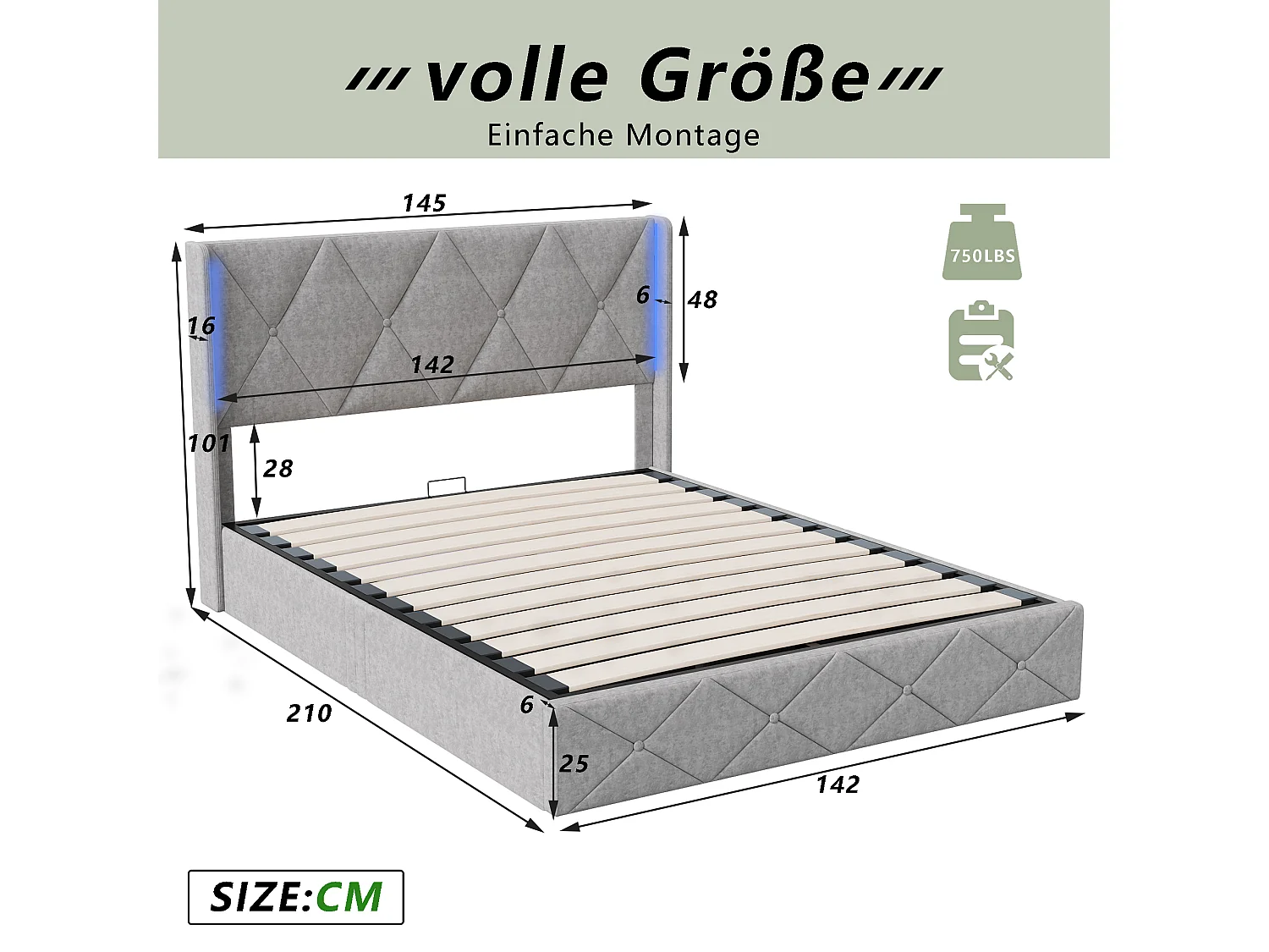 Lit coffre 140x200cm - avec espace de rangement hydraulique et sommier à lattes - tête de lit avec éclairage LED - gris