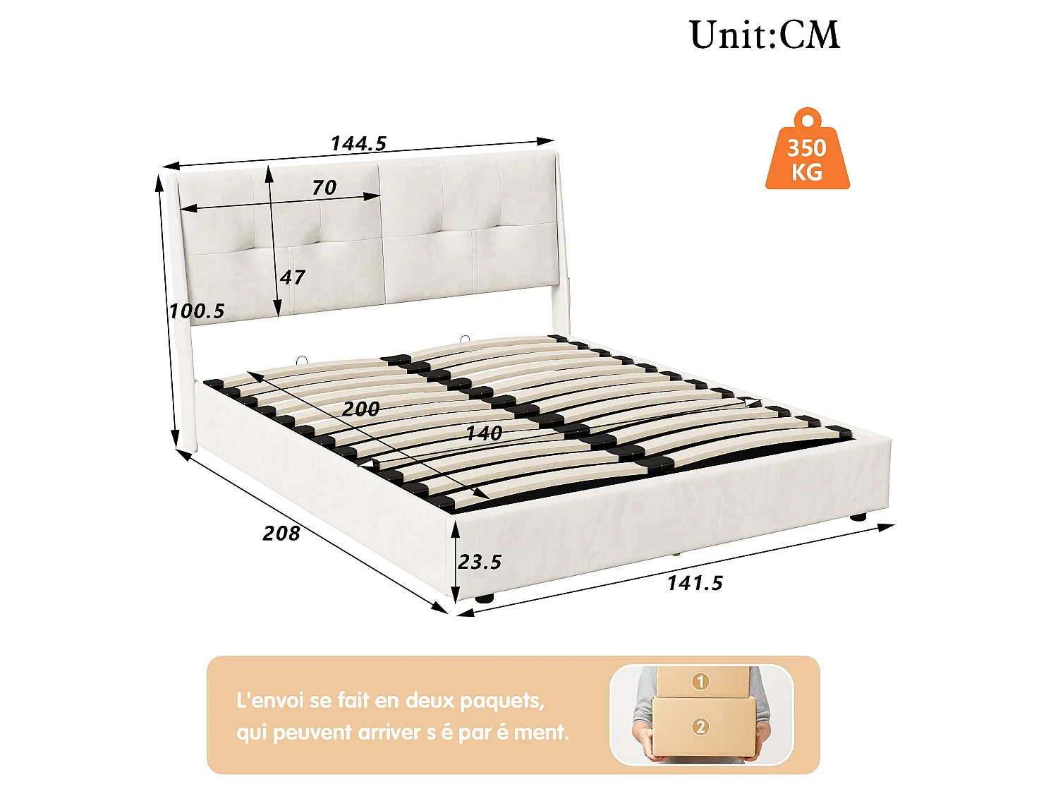 Cama con canapé de 140x200 cm con iluminación LED y espacio de almacenamiento hidráulico - bolsillos laterales en el cabecero - beige