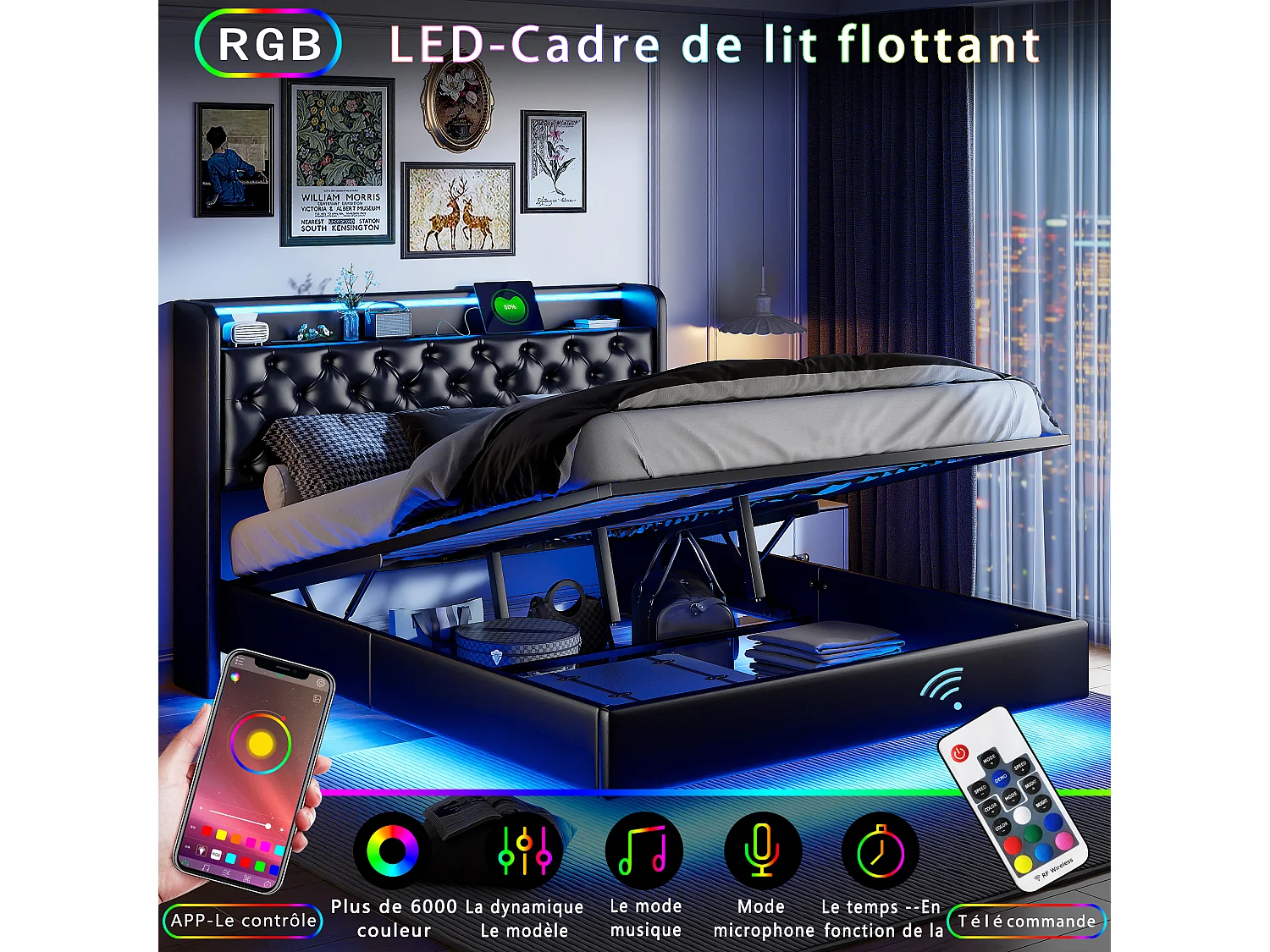 Lit double 140x200cm avec LED et ports USB - Sommier suspendu avec espace de rangement hydraulique - PU - Noir