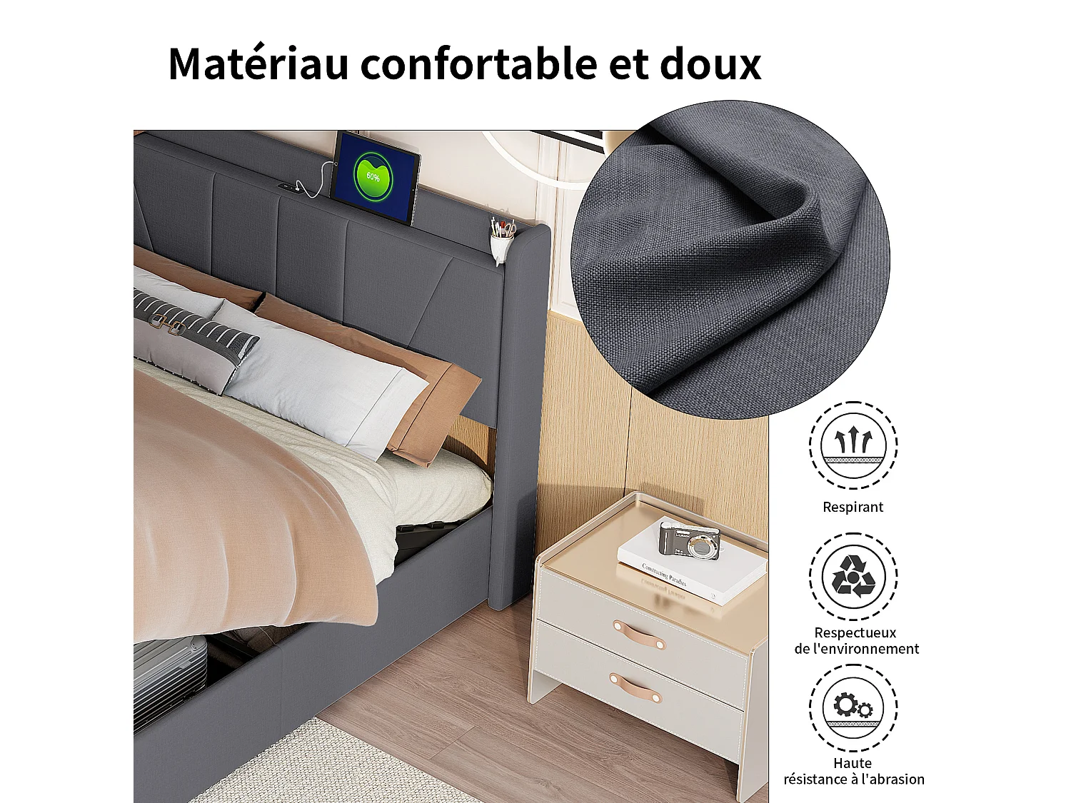 Lit coffre 160x200 cm - Tête de lit avec 2 ports USB + 1 port type-C - Coffre de rangement hydraulique - Lin - Gris