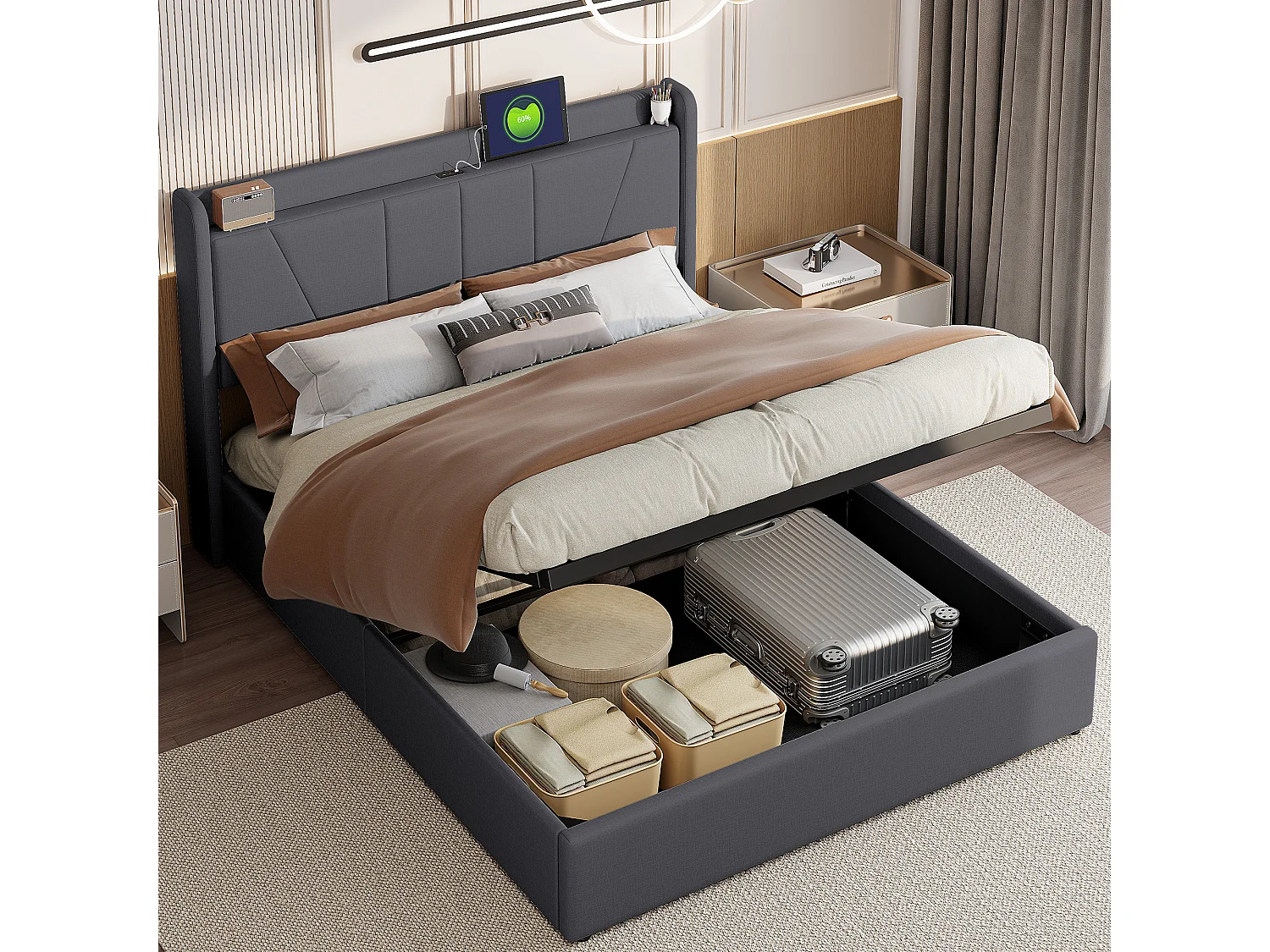 Lit coffre 160x200 cm - Tête de lit avec 2 ports USB + 1 port type-C - Coffre de rangement hydraulique - Lin - Gris