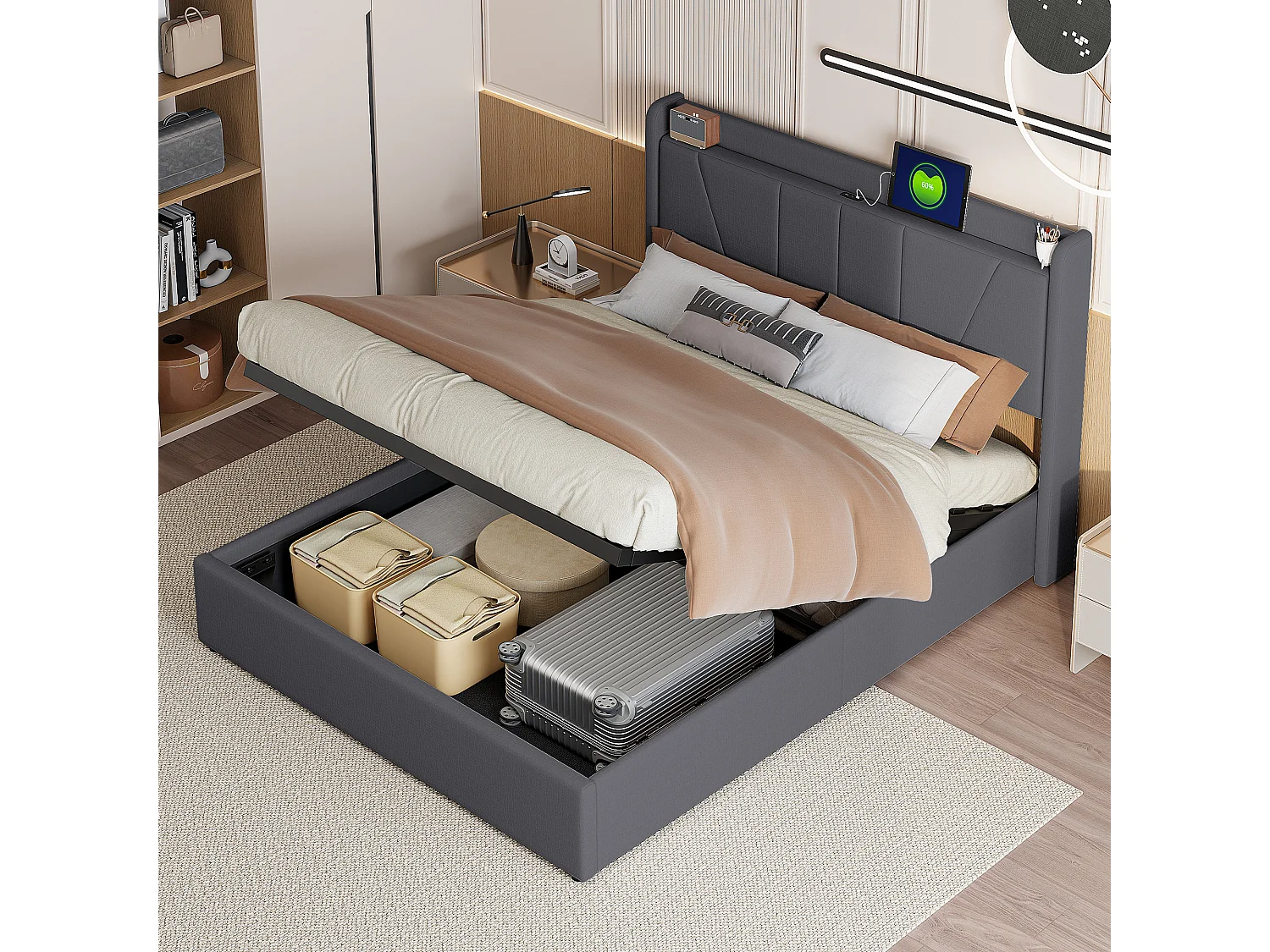 Lit coffre 160x200 cm - Tête de lit avec 2 ports USB + 1 port type-C - Coffre de rangement hydraulique - Lin - Gris