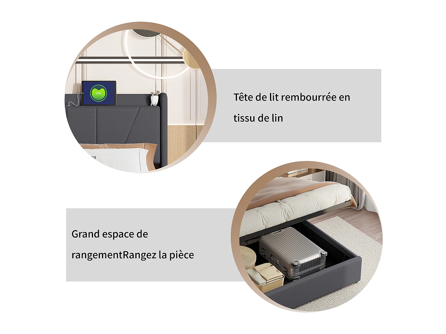 Lit coffre 160x200 cm - Tête de lit avec 2 ports USB + 1 port type-C - Coffre de rangement hydraulique - Lin - Gris