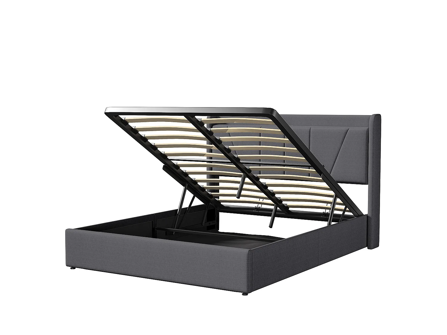 Lit coffre 160x200 cm - Tête de lit avec 2 ports USB + 1 port type-C - Coffre de rangement hydraulique - Lin - Gris