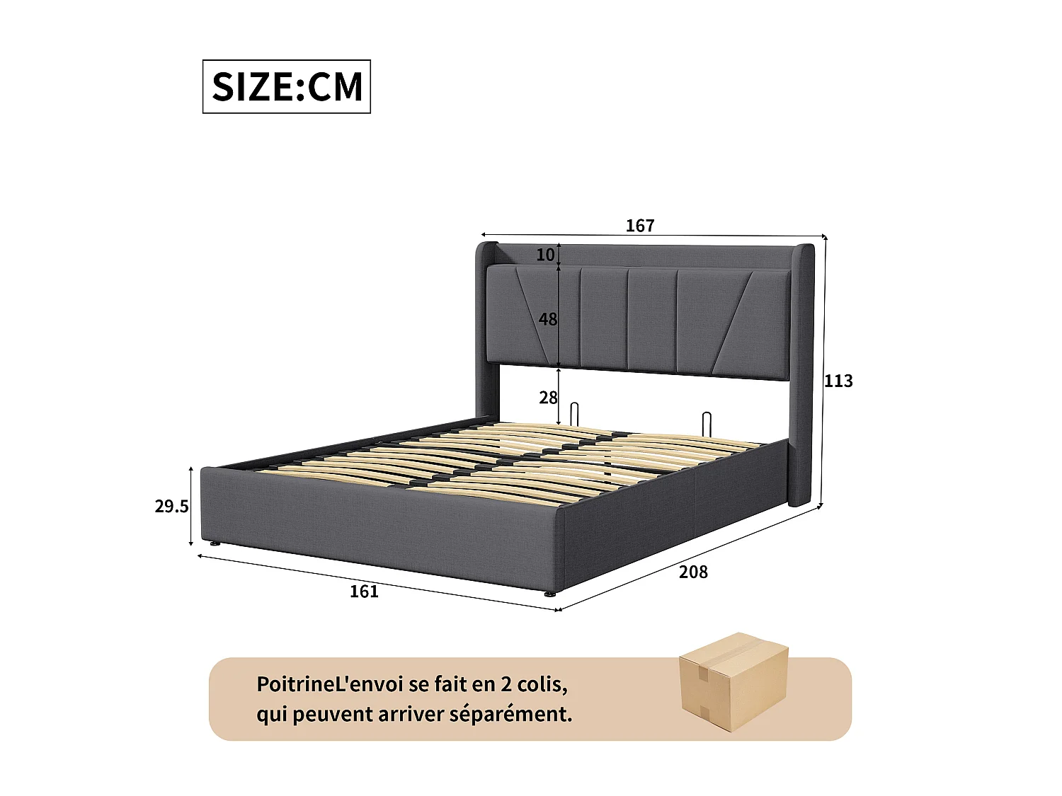 Lit coffre 160x200 cm - Tête de lit avec 2 ports USB + 1 port type-C - Coffre de rangement hydraulique - Lin - Gris