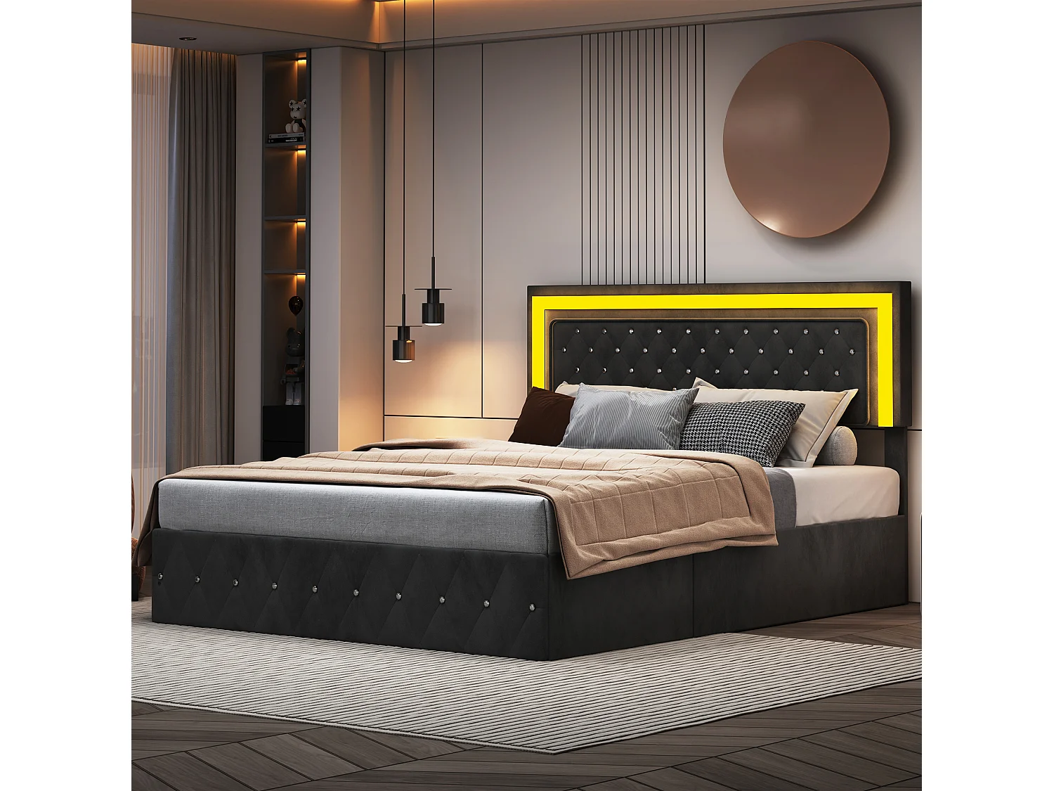 Lit double 180x200cm avec éclairage LED - tête de lit réglable en hauteur - espace de rangement hydraulique - velours - noir