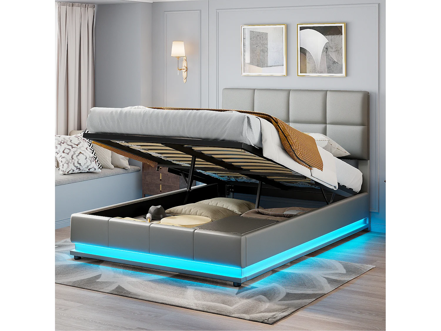 Lit double 140x200 cm avec éclairage LED et espace de rangement hydraulique - tête de lit réglable - PU - gris