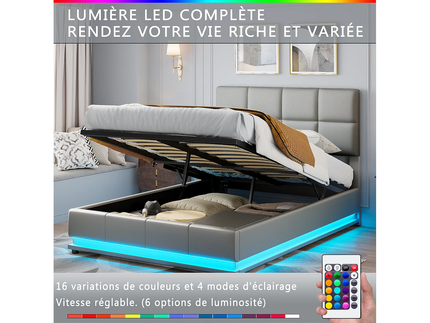 Lit double 140x200 cm avec éclairage LED et espace de rangement hydraulique - tête de lit réglable - PU - gris