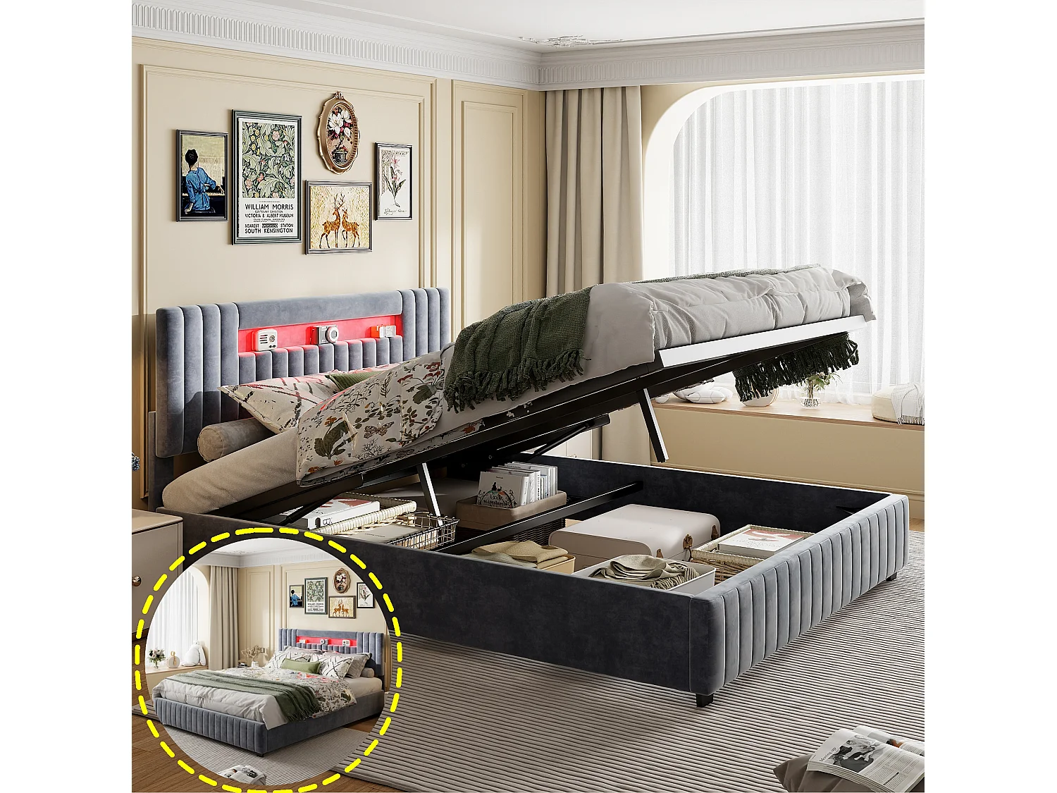 Lit coffre 160x200cm avec éclairage LED - compartiment de rangement hydraulique et sommier à lattes - velours - gris