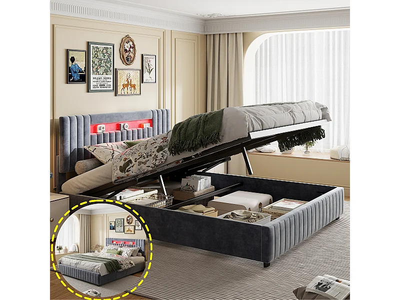 Lit coffre 160x200cm avec éclairage LED - compartiment de rangement hydraulique et sommier à lattes - velours - gris