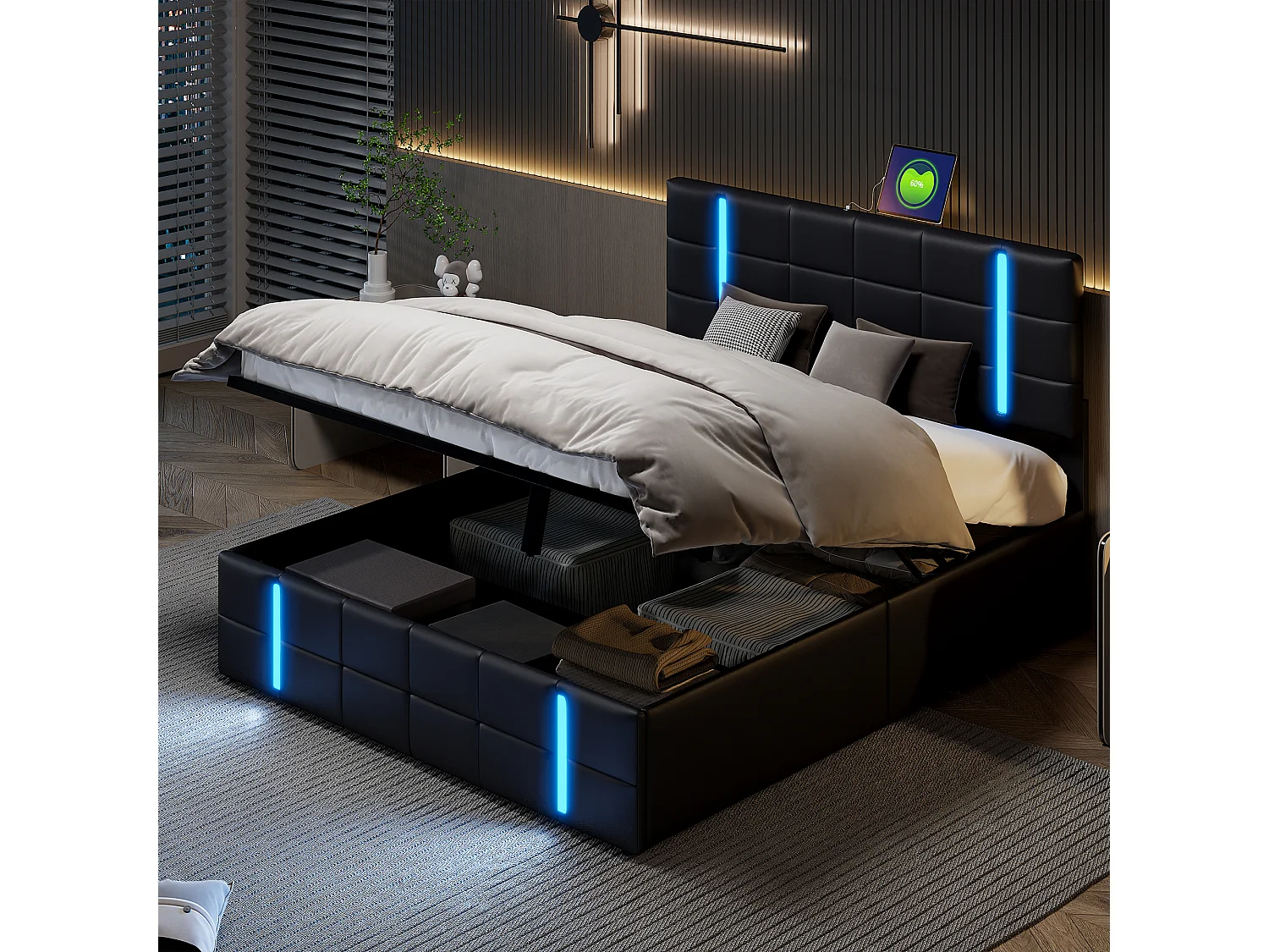 Lit coffre 160 x 200 cm avec éclairage LED et 2 ports USB - compartiment de rangement hydraulique - PU - Noir